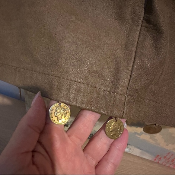 Vintage 1990s patchwork brown leather mini skirt with gold coin trim high waist - Picture 2 of 10